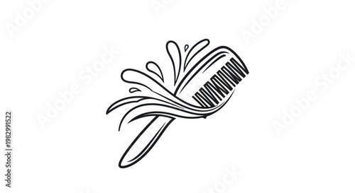 Minimalist black and white hair comb with water splash line art illustration
