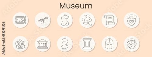 Museum set icon. Painting, dinosaur skeleton, sculpture torso, helmet, scroll, amphora, crown, temple, bust, column, armor, ceramic vase, exhibition, history, heritage