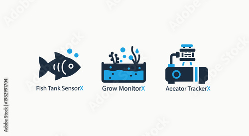 Smart agriculture and aquatic monitoring system icons with fish tank sensor and plant grow monitor aqua UI tracker smart farm internet of things control panel monitoring hydroponics automation