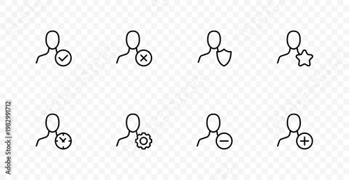 User profile action set icon. Approved account, blocked user, security shield, favorite status, activity time, settings control, remove access, add contact