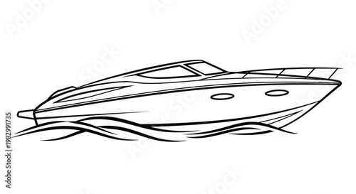 Luxury speed boat line art illustration on water, a black and white vector graphic.