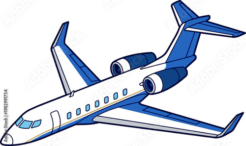 Modern private jet aircraft flying in a blue and white color scheme