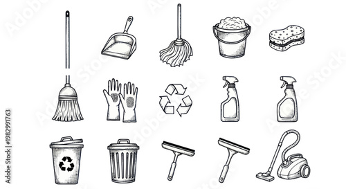 Cleaning Supplies and Tools Collection - Hand-Drawn Icons