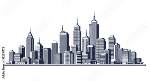 Stylized urban skyline with modern skyscrapers in a clean graphic style.