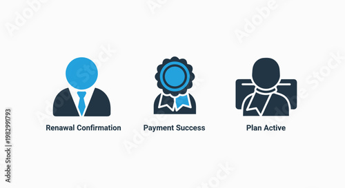 Renewal confirmation payment success plan active status icons for service management with confirmation management subscription financial transaction complete approved verified contract