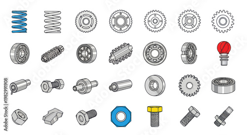 Mechanical Parts and Components Collection: Springs, Gears, Bearings, Bolts, Nuts
