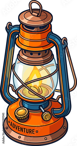 Orange adventure oil lantern with metal frame and glass globe for rustic camping