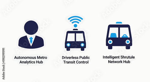 Autonomous public transit and metro analytics control hub icons for smart city mobility technology with autonomous transport analytics driverless technology monitoring management automation