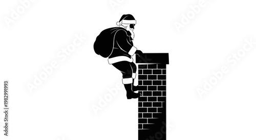 Santa Claus climbing down chimney with sack of gifts, black and white silhouette