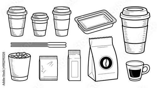 Minimal Coffee To-Go Essentials Line Art Set  Takeaway Cups, Barista Tools & Cafe Icons