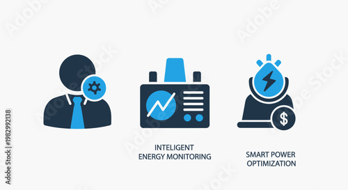 Intelligent energy monitoring and smart power optimization icon set for industrial electricity and resource management with monitoring industrial optimization electricity resource management