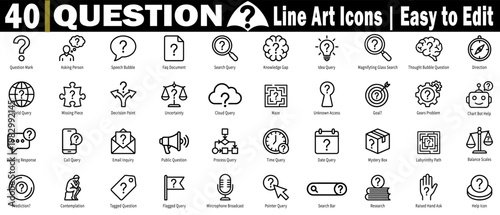 Bild auf Leinwand Question mark line art icon, asking person symbol, speech bubble graphic, faq document emblem, search query sign, knowledge gap logo, idea and analysis icons