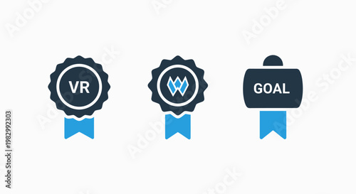 Achievement and milestone badge icons representing vr technology standards success goals and professional recognition with achievement recognition milestone competition business progress