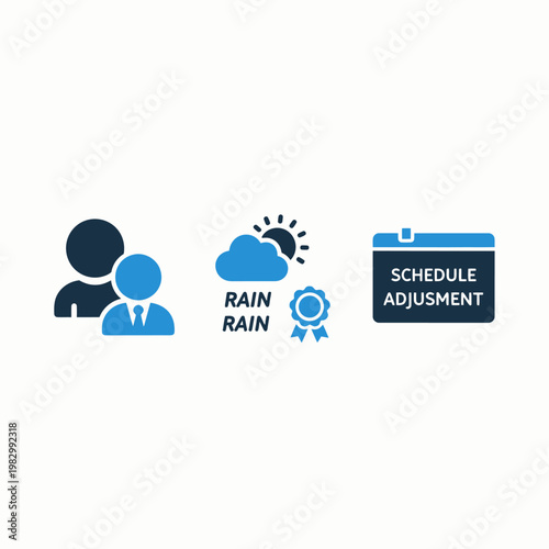 Business icon set for workforce scheduling adjustments due to weather forecasts and rain with business schedule adjustment employee resources management calendar collection corporate forecast