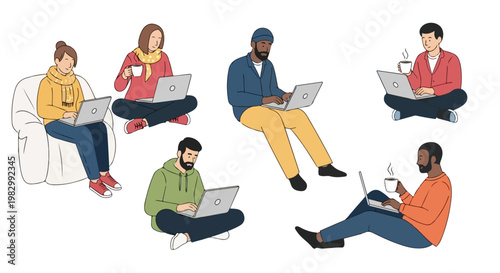 Diverse Group of Six Young Adults Working on Laptops Illustration