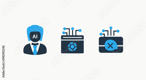 Artificial intelligence technology concept icons featuring a humanoid profile with AI label neural circuit microchip processing and a data rejection error symbol for software development, artificial