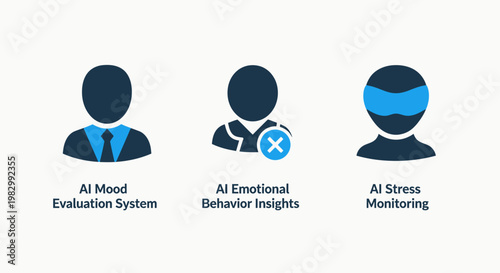Set of artificial intelligence mental health and psychology icons for mood evaluation emotional behavior insights and stress monitoring systems for wellness applications and diagnostics with behavior