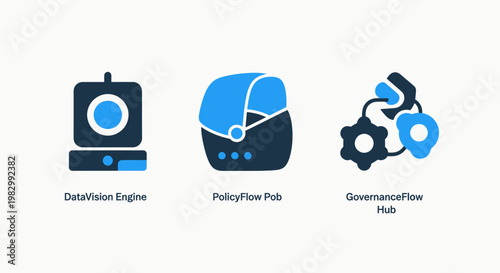 Technology concept icons for data vision engine policy flow hub and governance flow hub showing information processing systems and organizational management frameworks with governance, technology