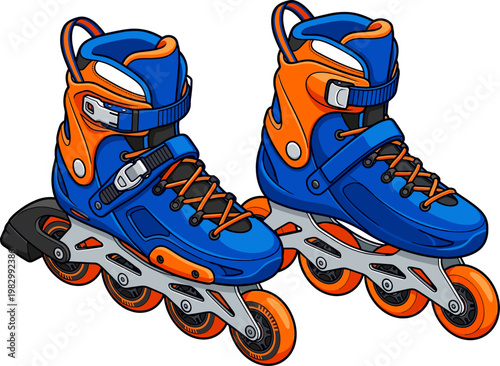 Pair of blue and orange inline skates for fitness recreation