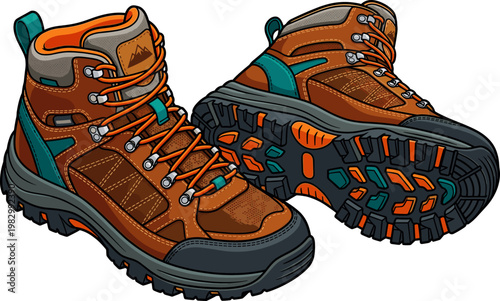 Pair of brown leather hiking boots for trekking