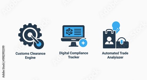 International trade icons for customs clearance engine digital compliance tracker and automated trade analyzer depicting logistics management and regulatory technology solutions with clearance