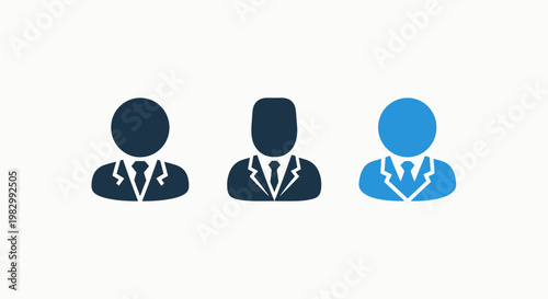 Set of three stylized business user profile icons with formal suits business management employee corporate leadership professional character administrator headshot identity pictogram