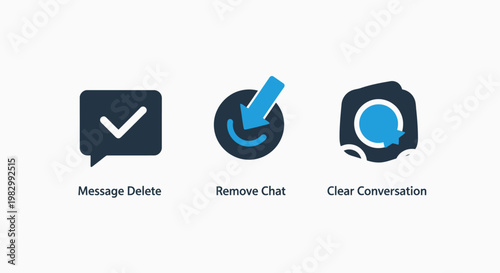 Messaging management and conversation control icons for deleting messages removing chats and clearing history for mobile apps with conversation communication interface checkmark management
