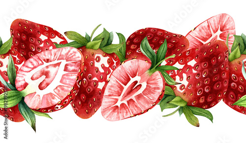 Fotografija Watercolor seamless strawberry border with ripe berries and slices, hand painted