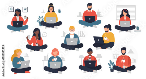 Diverse Group of Remote Workers Using Laptops and Drinking Coffee Illustration