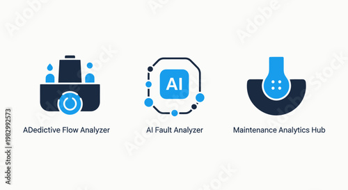 Industrial and AI technology icons set representing data analysis and maintenance with analysis technology maintenance industry automation software monitoring business innovation management