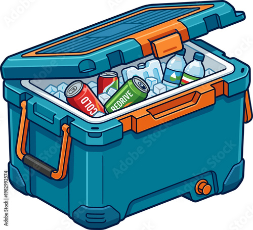 Portable blue and orange cooler box filled with ice and beverages