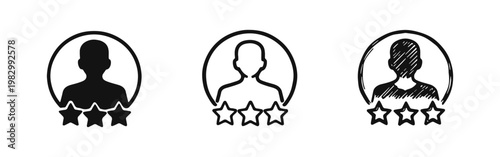 User Rating and Customer Review Icon Set with Person Silhouette and Three Stars