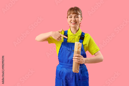 Female courier pointing at ...