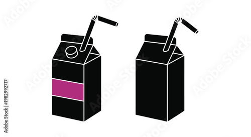 Two black milk cartons with straws a modern graphic on transparent background silhouette