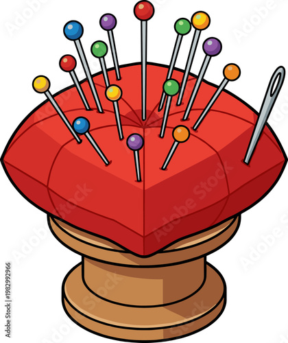 Red heart shaped pincushion filled with colorful sewing pins