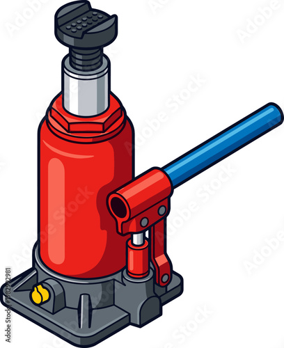 Red industrial hydraulic bottle jack for heavy vehicle lifting and repair