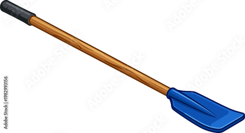Single wooden rowing oar with a blue plastic blade