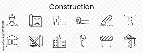 Construction set icon. Outline building tools, worker helmet, blueprint roll, bricks stack, measuring tape, pencil line, crane hook, classical facade, ruler set, city buildings, wrench, road barrier