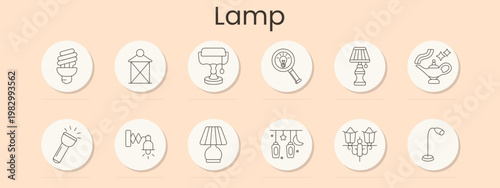 Lamp lighting set icon. Minimal line badges, spiral bulb, lantern, desk, magnifier bulb, table, magic, flashlight, wall, bedside lamp, hanging lights, floor lamp.