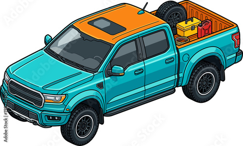 Teal pickup truck carrying off-road equipment in the cargo bed