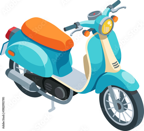 Vintage style light blue motor scooter with orange seat