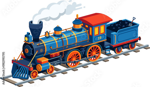 Vintage blue and red steam locomotive engine pulling a coal tender on tracks