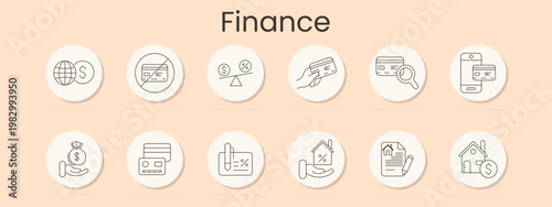 Finance set icon. Global currency, blocked card, interest balance, credit payment, card search, mobile banking, money bag, terminal, deposit, mortgage, contract, property investment