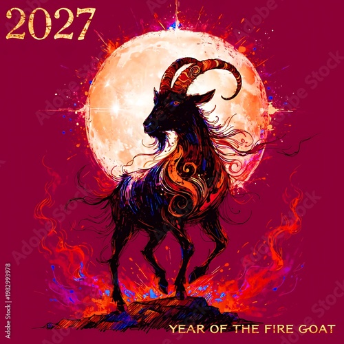 Year of the fire goat 2027 lunar new year with fiery moon full moon chinese zodiac animal zodiac east asian celebration tradition festival illustration stylized astrology oriental