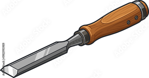 Woodworking chisel with beveled edge and wooden handle