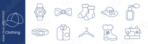 Clothing set icon. Collection with cap, wristwatch, bow tie, socks, hat, perfume bottle, belt, shirt, hanger, winter boot, sewing machine.