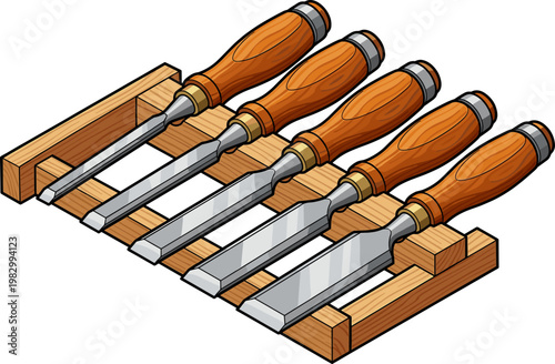 Woodworking chisels organized in a custom timber rack