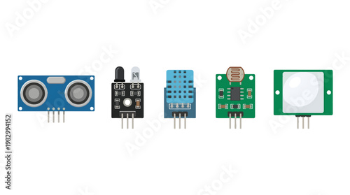 Electronic Sensors Set Ultrasonic Infrared Temperature Modules Clean Technology Vector Illustration