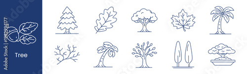 Tree set icon. Collection with acorn leaves, pine, oak leaf, broad tree, maple leaf, palm tree, bare branch, curved palm, fruit, cypress pair, bonsai pot.