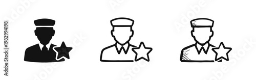 Security Guard or Military Officer Icon Set with Cap and Achievement Star symbol